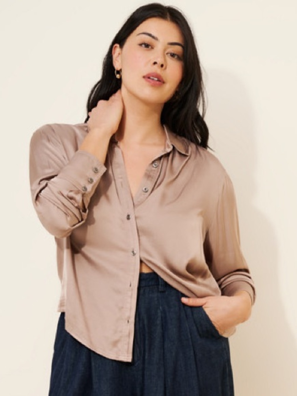 NWT Anthropologie Pilcro Satin Button Down Blouse Taupe 3X